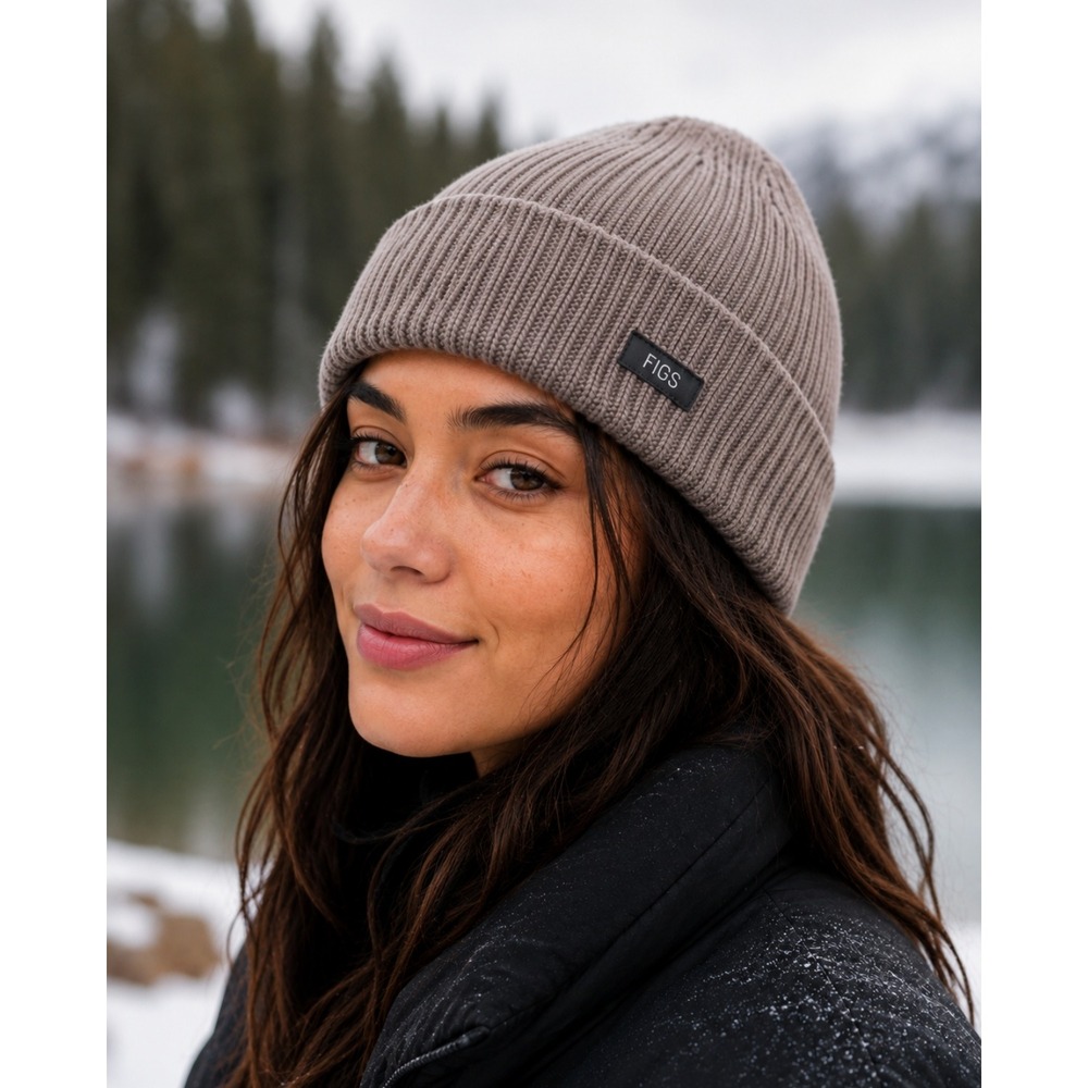 FIGS Oversized Ribbed Knit Beanie 100% Merino Wool Taupe Gray Unisex‎ Winter Hat